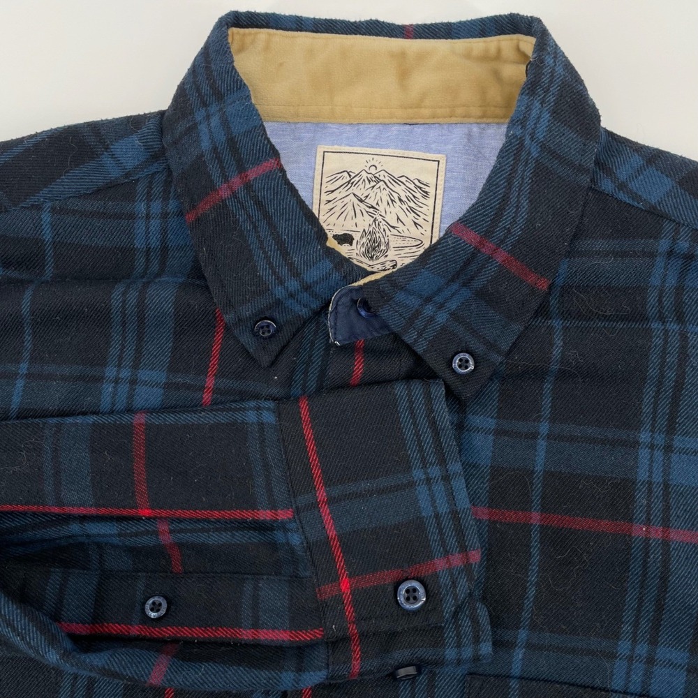 RSVLTS Flannel Shirt Men's Size Small Navy Blue Red Plaid Button Down Pockets